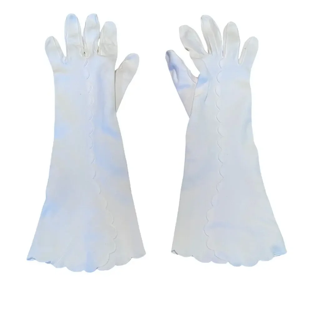 Vintage Long White Gloves, Scalloped Edges and Trim, Retro